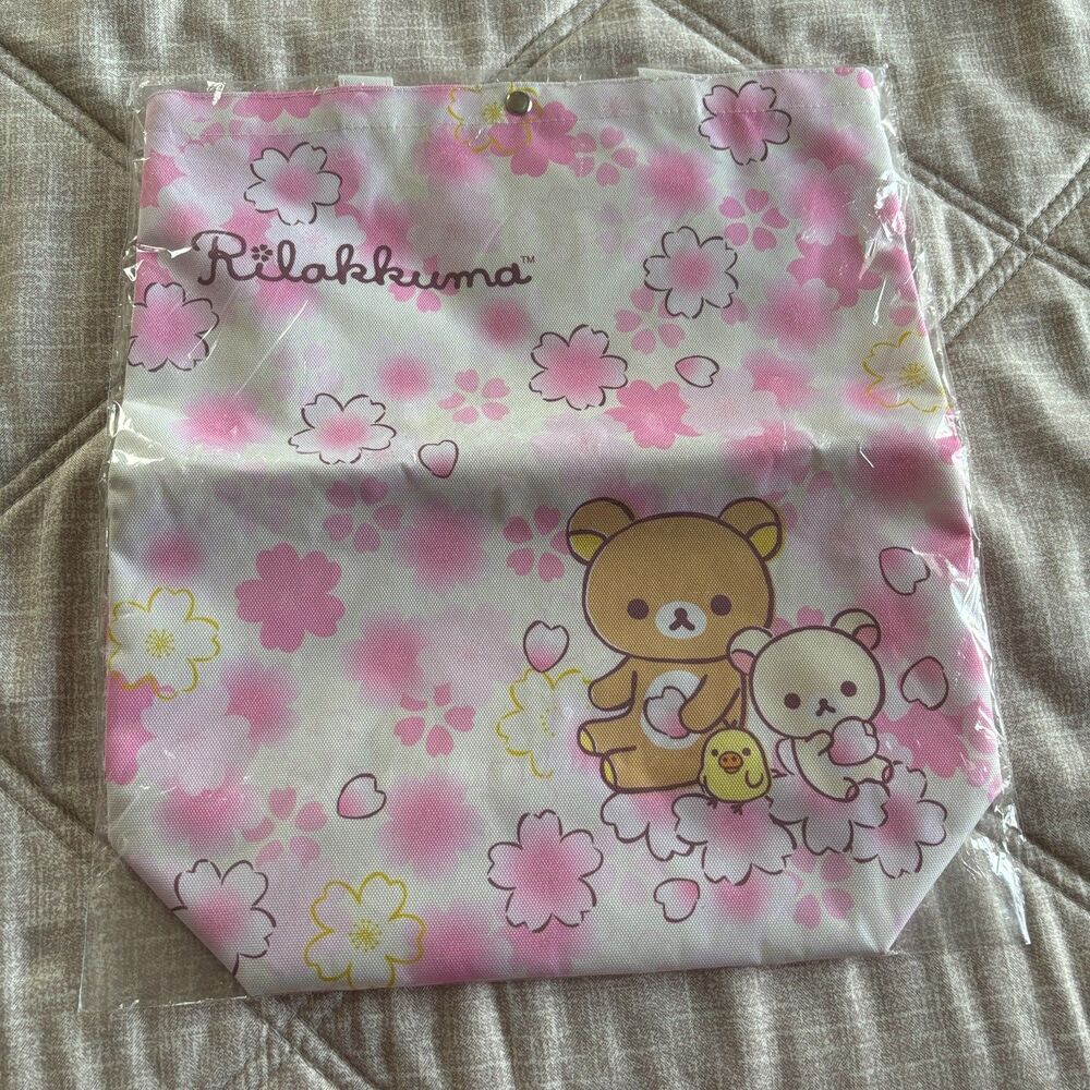 NIP San-X Rilakkuma Cherry Blossom Sakura Pink Canvas Tote Bag Purse Kawaii
